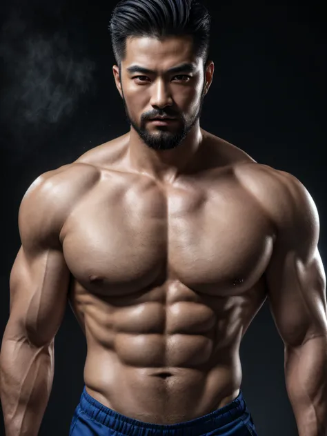 (ultra-realistic, highres ,best quality, masterpiece:1.2), portrait waist up view, Chinese man with blue mists surrounding him, detailed facial features, detailed eyes, long eyelashes, thin lips, scruff, muscular physique, wide shoulders, hairy chest, stro...