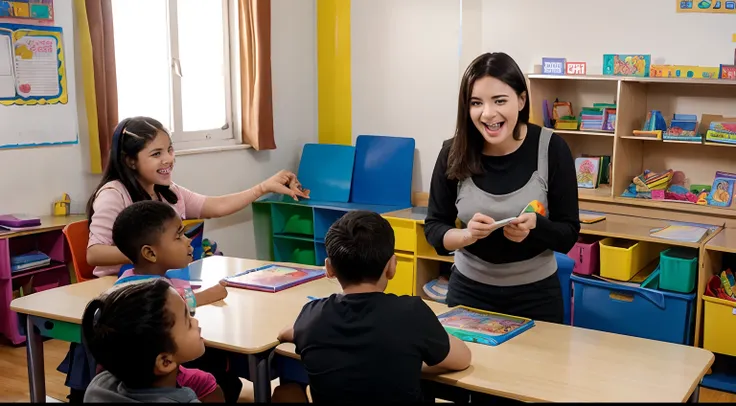 Image of a young enthusiastic teacher teaching children in a colorful classroom, with books and educational games surrounding them.  Their facial expressions were full of enthusiasm and learning with joy.