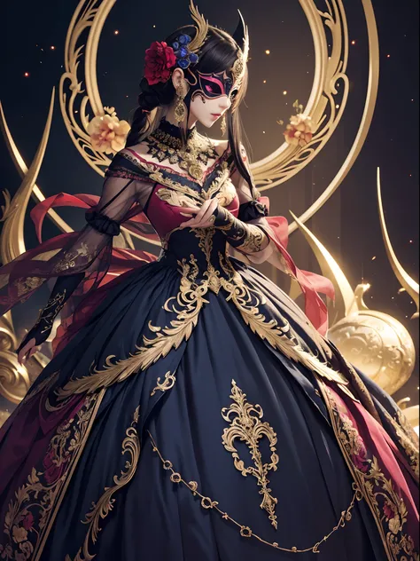 Vibrant colors、Best Quality, ​master piece、aesthetics、The body is unknown、Mysterious、Official Art、Masquerade、Elegance、A mask that covers most of the face、Colorful and detailed mask decoration、elegance、elegance、gorgeous、refinement、detailed environment, (Bes...