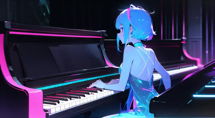 piano. cute girl playing the piano at a bar, neon, holographic dress, piano, masterpiece