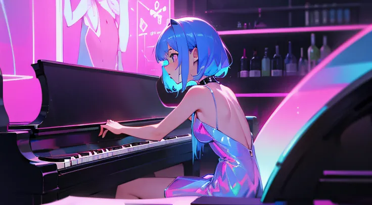 piano. cute girl playing the piano at a bar, neon, holographic dress, piano, masterpiece