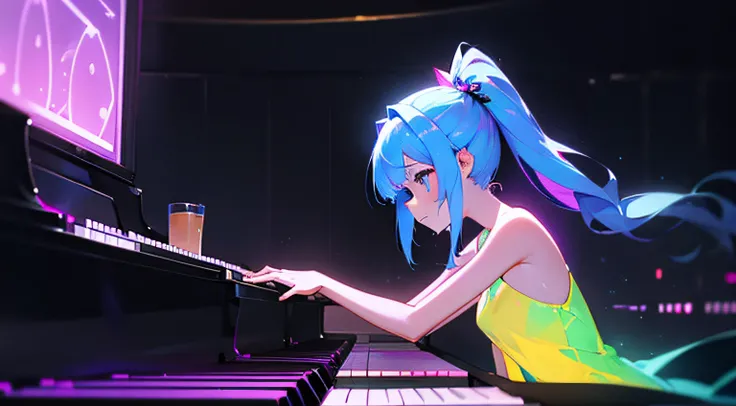 piano. cute girl playing the piano at a bar, neon, holographic dress, piano, masterpiece