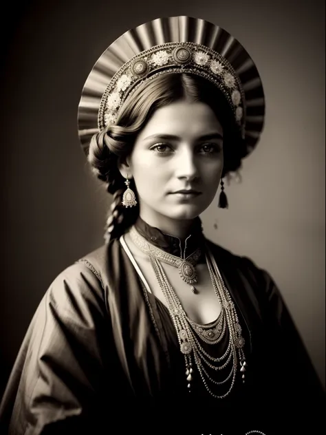 (master part) An insanely beautiful Victorian nomadic lady with rich flowered headdress, Vintage Sepia Photography, foto muito antiga e torneada