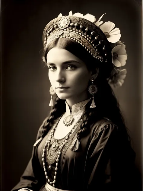 (master part) An insanely beautiful Victorian nomadic lady with rich flowered headdress, Vintage Sepia Photography, foto muito antiga e torneada