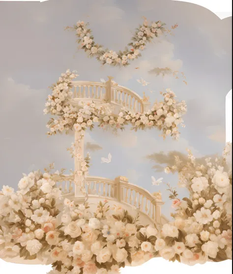 Theres a painting of a white staircase with flowers on it, Baroque painting scenery, floral painted backdrop, stunning arcanum backdrop, rococo elements, ivory rococo, ornate backdrop, Rococo Decorations, Directed by: Li Mei-shu, Romantismo estilo de arte,...