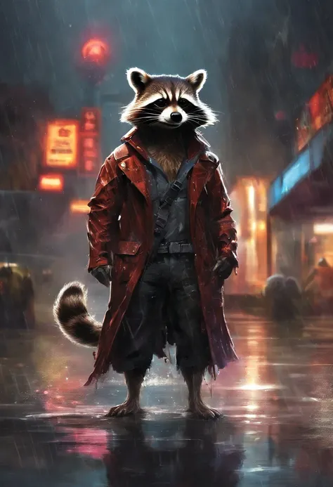 visually stunning expressive realistic photo highly detailed Marvels Rocket Raccoon wet in the rain, sensual romantic flirting pose, realistic wet fur, realistic wet fabric, fullbody view,