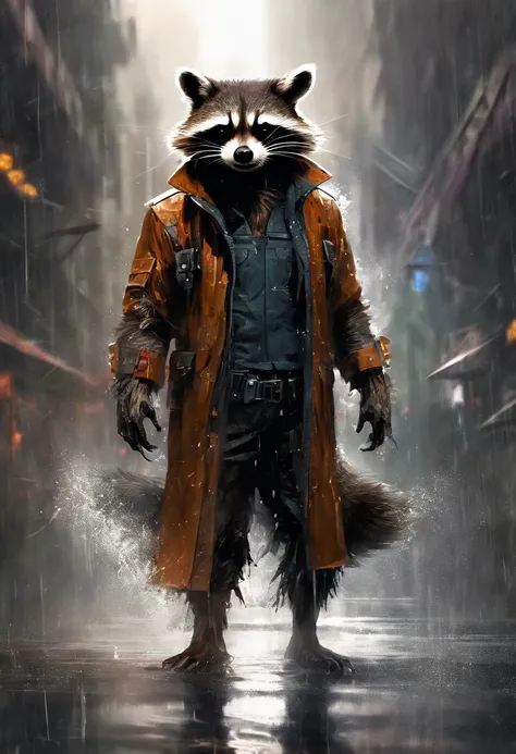 visually stunning expressive realistic photo highly detailed Marvels Rocket Raccoon wet in the rain, sensual romantic flirting pose, realistic wet fur, realistic wet fabric, fullbody view,