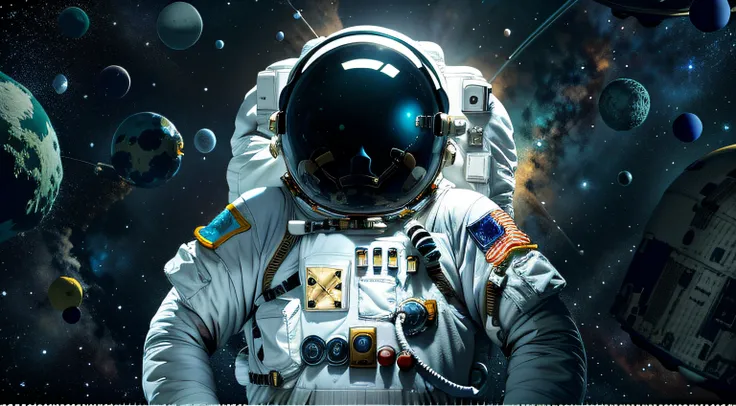 Astronauta em traje espacial com detritos espaciais no fundo, astronauta americano, Astronaut in Space, astronaut lost in liminal space, usando um traje espacial e capacete, An astronaut in space, vestindo roupa de astronauta, usando um traje espacial, Ret...