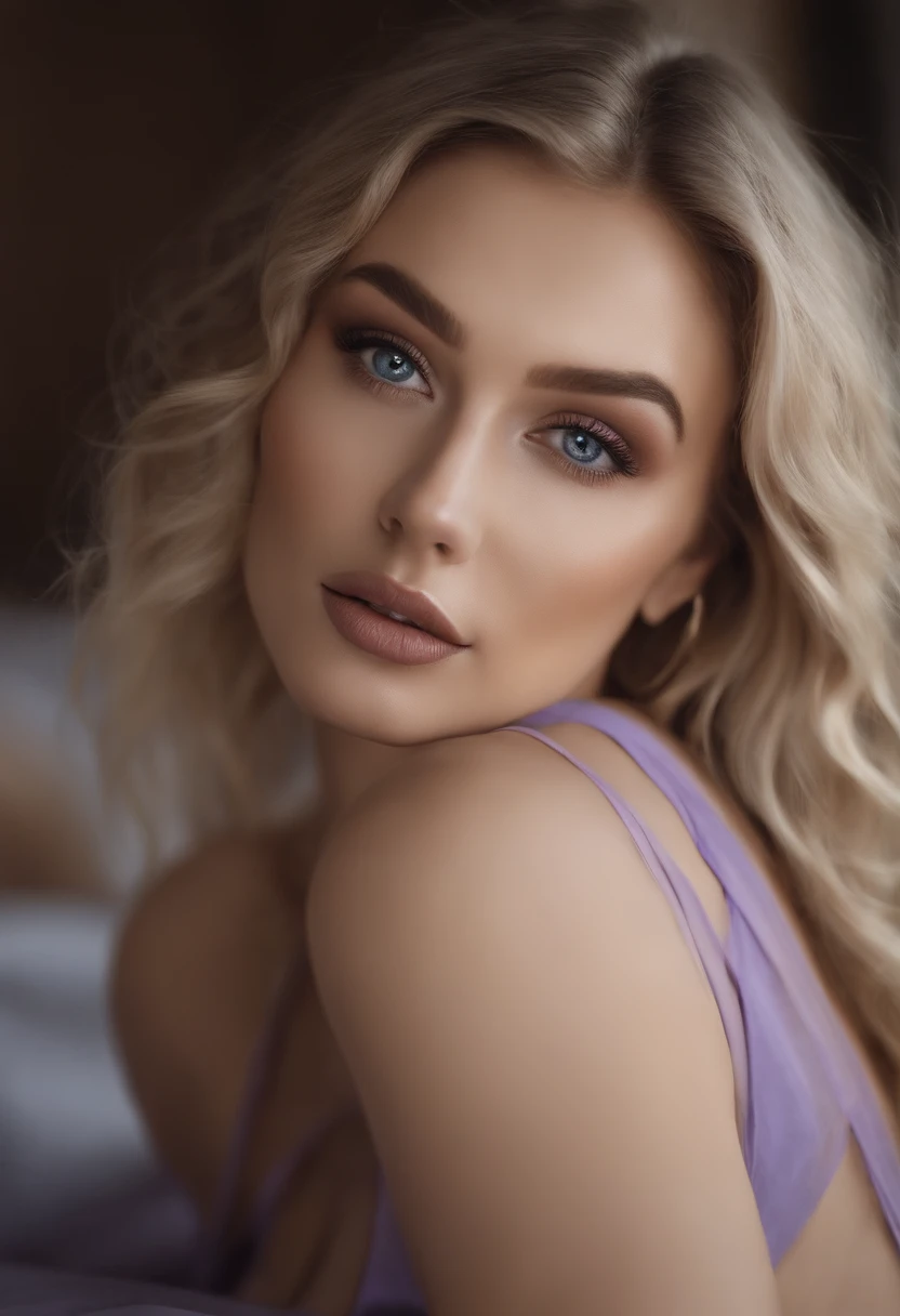 Arafed pleine femme, fille sexy aux yeux bleus, , ultra realist, Meticulously detailed, portrait de Sophie Mudd, cheveux blonds et grands yeux, selfie of a young woman, Yeux de chambre, Violet Myers, pas de maquillage, maquillage naturel, looking straight ...