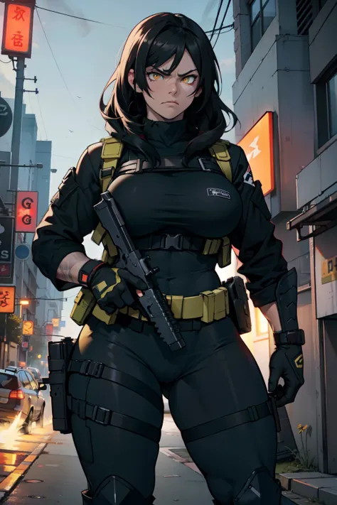 tactical clothes angry muscular thick thighs huge breasts pale skin black hair yellow eyes girl tactical gear