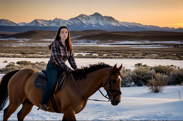 photo of angela white ((a character)) (25 years old) | wearing feminine cowboy clothes (jeans outfit, plaid shirt) ((loose and s...