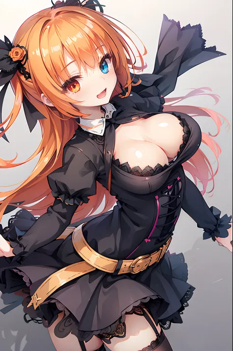 tiny girl,colossal tits,gothic lolita,garter strap,smile with open mouth,orange hair,hair adornments,heterochromia,top image qua...