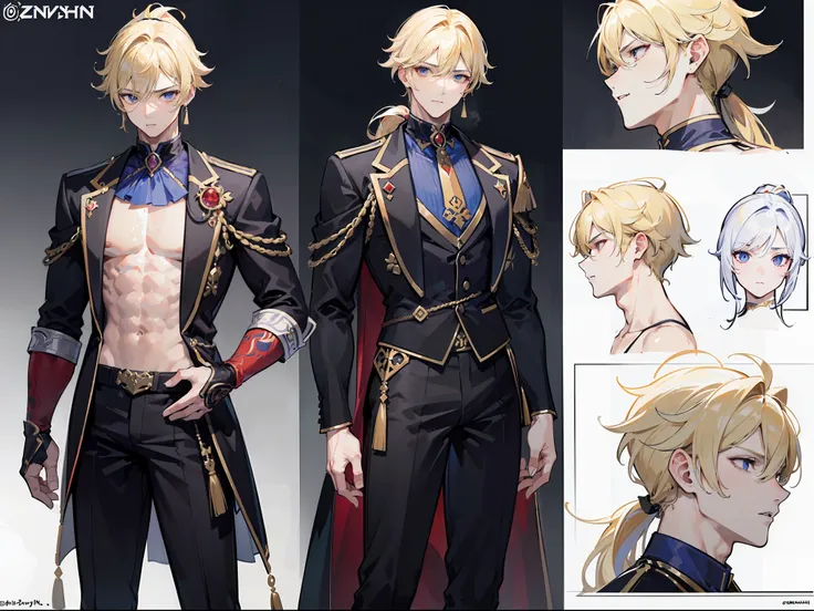 ((Masterpiece, Highest quality)), Male, boy,  Detailed face, character design sheet， full bodyesbian, Full of details, frontal body view, back body view, Highly detailed, Depth, Many parts, Muscle boy with ponytail long blonde hair，handsome man, muscle bod...