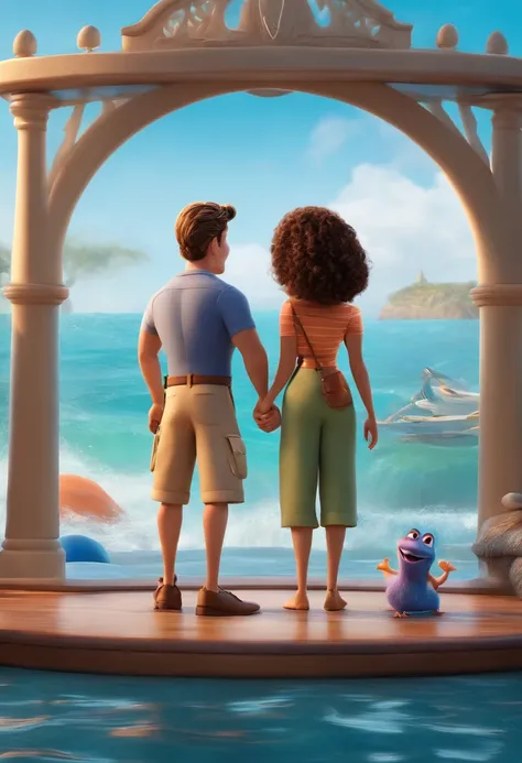 3d Animation Disney Pixar poster movie , um casal de Shitzbrincando na praia  com o tema " Meg & Dom"