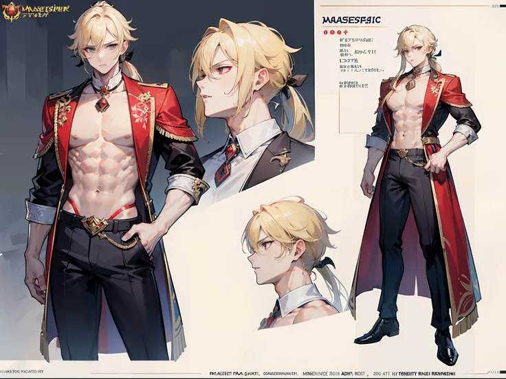 ((Masterpiece, Highest quality)), Male, boy,  Detailed face, character design sheet， full bodyesbian, Full of details, frontal body view, back body view, Highly detailed, Depth, Many parts, Muscle boy with ponytail long blonde hair，handsome man, muscle bod...