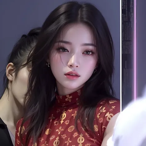 um close up de uma mulher com um vestido vermelho e um homem, jennie blackpink, jia, Gongbi, jisoo do blackpink, Jisoo do Blackpink, tzuyu de duas vezes, jossi do blackpink, Irelia, mas um olhar severo sobre ela, & her expression is solemn, Retrato Jisoo B...