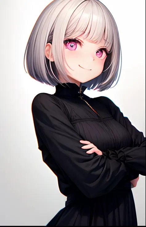 girl with、No background、without background、Background through、Gray hair、Gray hair、greyt hair、short-cut、bob cuts、Subject bangs、Pattsun bangs、Aligned bangs、Sareme、Sauce order、Pink eyes、Pink eyes、embarrassed from、A shy smile、Black dress、Moe Sleeve、Long sleeve...