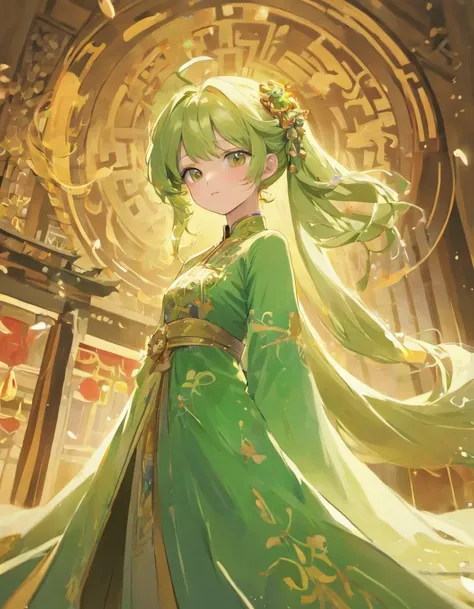 Chinese style beauty，hyper-detailing，Pale green long dress，Classical Chinese hair accessories，Wear a gold classic necklace，tmasterpiece，Bichotomous method，Costumes are paired with colorful streamers，In line with the vernal equinox theme