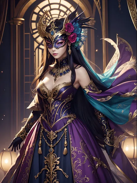 Vibrant colors、Best Quality, ​master piece、aesthetics、The body is unknown、Mysterious、Official art、Masquerade、Elegance、Masks that cover most of the face、Colorful and detailed mask decoration、Elegance、Elegance、Gorgeous、refinement、detailed environment, (Best ...