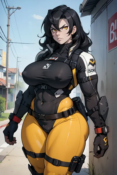 angry muscular thick thighs huge breasts pale skin black hair yellow eyes girl skintight tactical gear