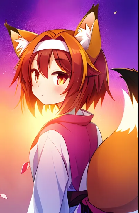 1girl, :<, akari4, animal_ear_fluff, animal_ears, commentary_request, fox_ears, fox_tail, gradient_eyes, gradient_hair, hair_ornament, hairband, hatsuse_izuna, looking_at_viewer, multicolored_eyes, multicolored_hair, no_game_no_life, petals, short_hair, so...