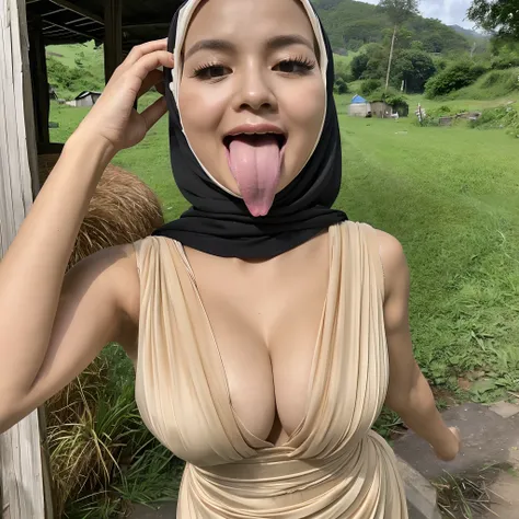 (masutepiece:1.2, Best Quality:1.2), ((Malaysian woman, malaysian, Mature, Mature Face, 50 years old)), (hijab:1.35, Traditional dress, Sheer dress, Sleeveless, Strapless, One shoulder, ultra huge cleavage:1.55, Exposed shaved armpits:1.3), (Detailed face,...