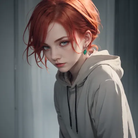 1boy, light red hair with short low ponytail, big amber eyes, dark eyeliner, single emerald earring, cynic, atmospheric, dark lighting, hoodie, bohemian, realistic, 4k, best quality illustration, masterpiece, melancholic, grey sky