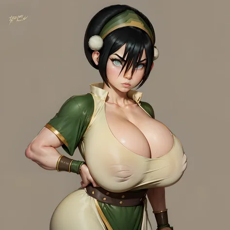 retrato (Solitario (Toph) 1girls up big breasts breasts female female only fully clothed huge breasts nipple bulge relief simple background solo sweat