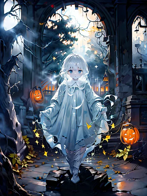 ghost girl in sheet at halloween, dark blue sky with stars, halloween pumpkins on the sides, dry trees without leaves, {extremel...