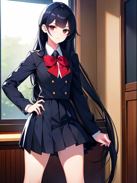 1girl, long navy hair, one red eye, one black eye, black school uniform, classroom, standing on ground, high res, ultra sharp, 8K, masterpiece