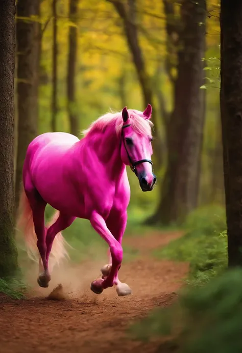 pink horse running in the forest