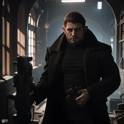 Chris redfield ages 50, short gray hair, Wearing a black robe, facing side, aiming a gun, The tense atmosphere in the abandoned factory, Night time, full body, cinematic view, by Unreal Engine