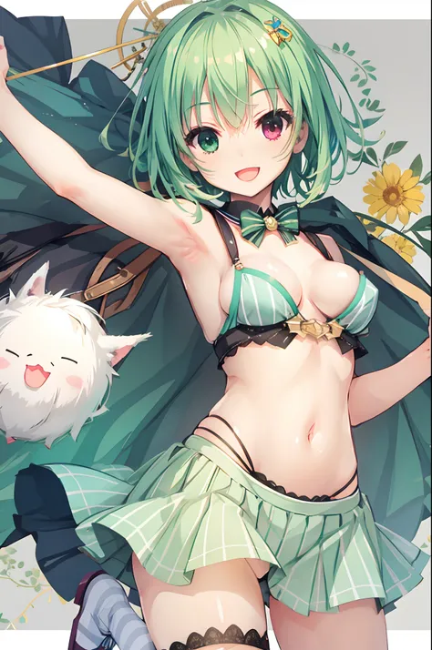 tiny girl,Colossal tits,bared  chest,Striped panties,Smile with open mouth,short green hair,hair adornments,Heterochromia,Top image quality,Best Quality