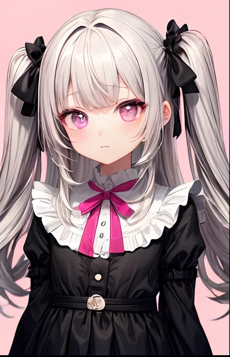 girl with、No background、without background、Background through、Gray hair、Gray hair、greyt hair、Twin-tailed、Two knots、Subject bangs、Pattsun bangs、Aligned bangs、Sareme、Sauce order、Pink eyes、Pink eyes、Black Dress、Long sleeves、Two knots、Twin-tailed、kawaii、No bac...