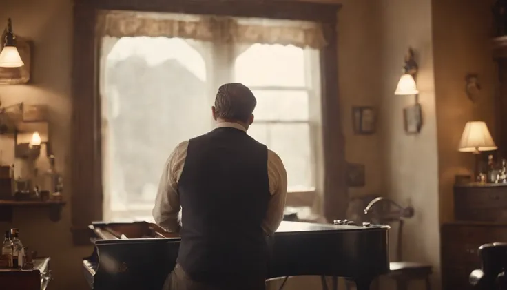 Bearded man from the back, looking at the sky trough the window, barber shop, vintage style, jazz blues, whisky, guitar, piano, bottles