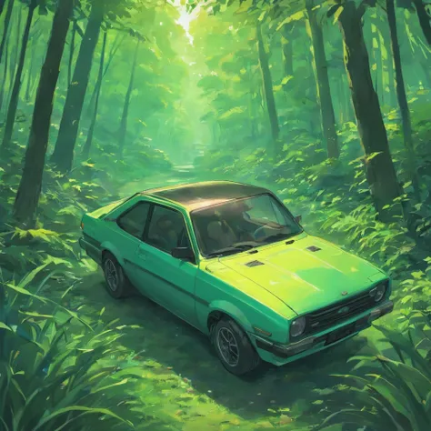 Um verdadeiro azul Ford Escort 1988 carro，Dirija pela floresta，Os campos de grama ，realistic background，Background of details