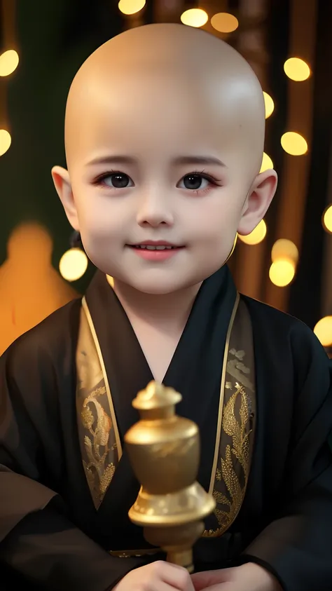 Bald head and black robe，Hold the bell for the Arafi baby, dark robed，Gold accents, Portrait shooting, lovely digital painting, wearing long black robe, cute portrait, high quality portrait, robes with golden characters, Wearing a black robe, Cute boy, you...