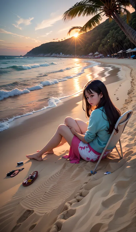 A girl look at sunset in the beach with a chair in the sand --auto --s2