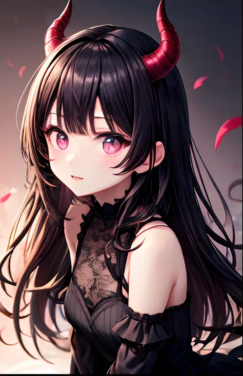 girl with、No background、without background、Background through、A dark-haired、Twin-tailed、Two knots、Subject bangs、Pattsun bangs、Aligned bangs、Sareme、Sauce order、Pink eyes、Pink eyes、Black Dress、Black dress、Black feathers、feathered、Horns、horns grow、Diabolical、...