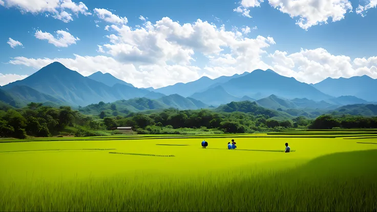 A photograph of Asian people on a rice paddy, with mountains in the background, surrounding the landscape. The sky is clear, with clouds reflecting sunlight. The time is around 7 a.m., providing a vibrant blue sky. The photo was taken with a professional w...