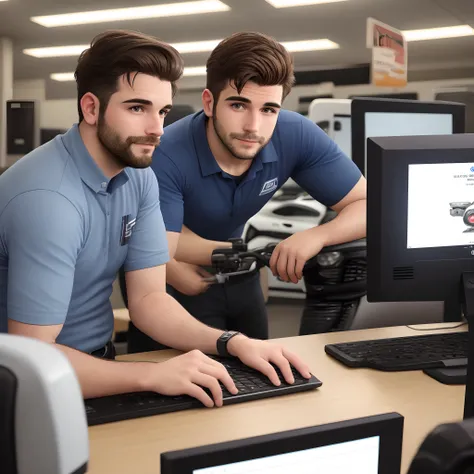 Crie um homem realista, He doesnt have a beard, tem cabelo castanho, com 36 anos, Hes working at a motorcycle dealership using his computer, na hora tem 3 clientes na sala.