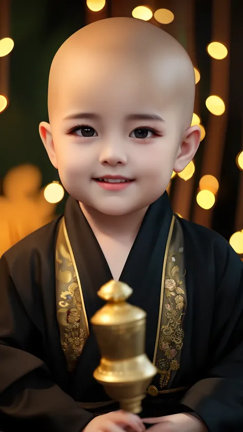 Bald head and black robe，Hold the bell for the Arafi baby, dark robed，Gold accents, Portrait shooting, lovely digital painting, wearing long black robe, cute portrait, high quality portrait, robes with golden characters, Wearing a black robe, Cute boy, you...