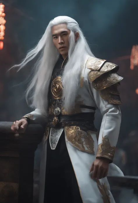 Men, Chinese style, long white hair, cyberpunk, vintage clothing, HD, mecha, full body,video hot.