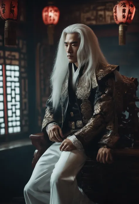 Men, Chinese style, long white hair, cyberpunk, vintage clothing, HD, mecha, full body,video hot.