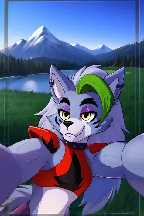 best quality, fnafroxanne, furry female, body fur, makeup, wolf ears, wolf tail, grey hair, green hair, yellow eyes, crop top, taking selfie, phone perspective, a mountain scenery in the background