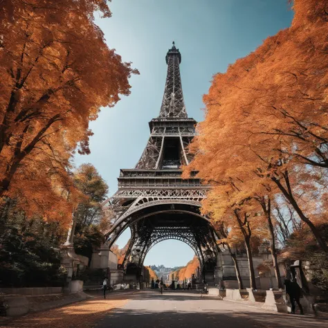 Near the Eifel Tower in Paris、Bustling street on a sunny day in the foreground Autumn leaves in Kyoto