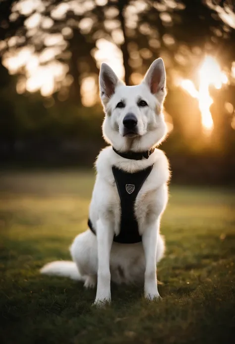 White German Shepherd Dog With Twilight Background Wearing Vest, no colete possui a escrita do nome "Zorran", o fundo pode ser um por do sol, a imagem precisa ser nitida, The dog is sitting on a lawn or walking on the lawn