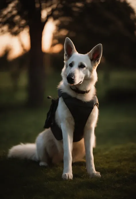 White German Shepherd Dog With Twilight Background Wearing Vest, na lateral colete possui a escrita do nome "Zorran", o fundo pode ser um por do sol, The image needs to be sharp, The dog is sitting sideways on a lawn or armed sideways on the lawn