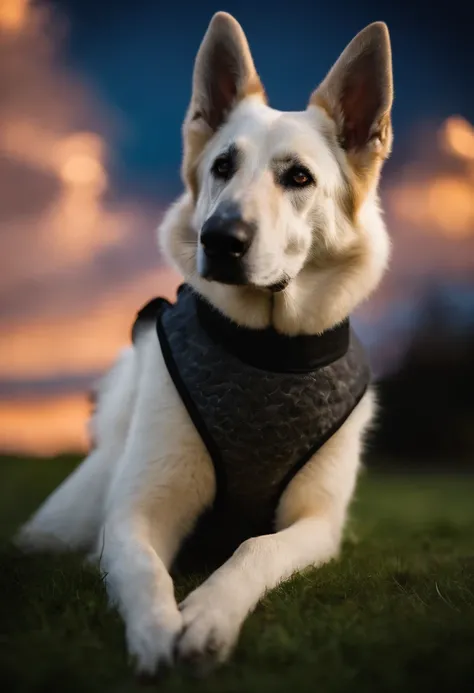 White German Shepherd Dog With Twilight Background Wearing Vest, na lateral colete possui a escrita do nome "Zorran", o fundo pode ser um por do sol, The image needs to be sharp, The dog is sitting sideways on a lawn or armed sideways on the lawn