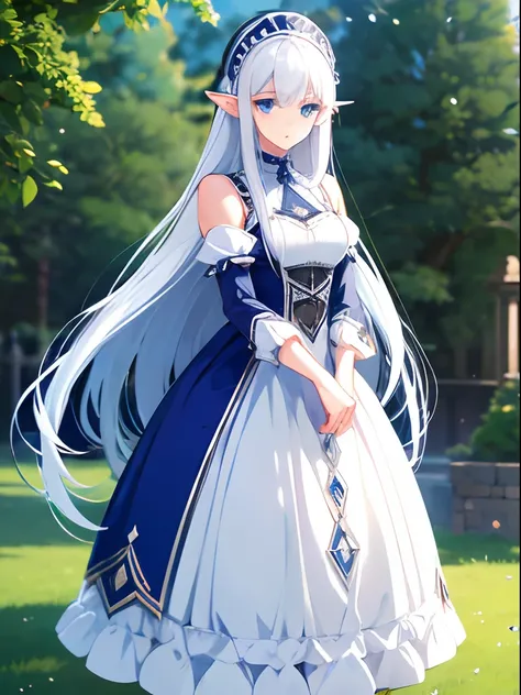 1girl, long white hair, blue eyes, elf, maid dress, standing on ground, high res, ultra sharp, 8K, masterpiece